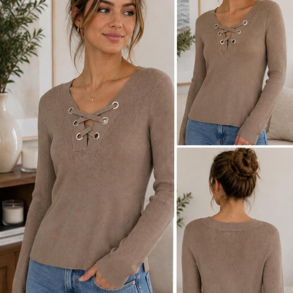 NWT Planet Gold Taupe Lace-Up Ribbed Sweater